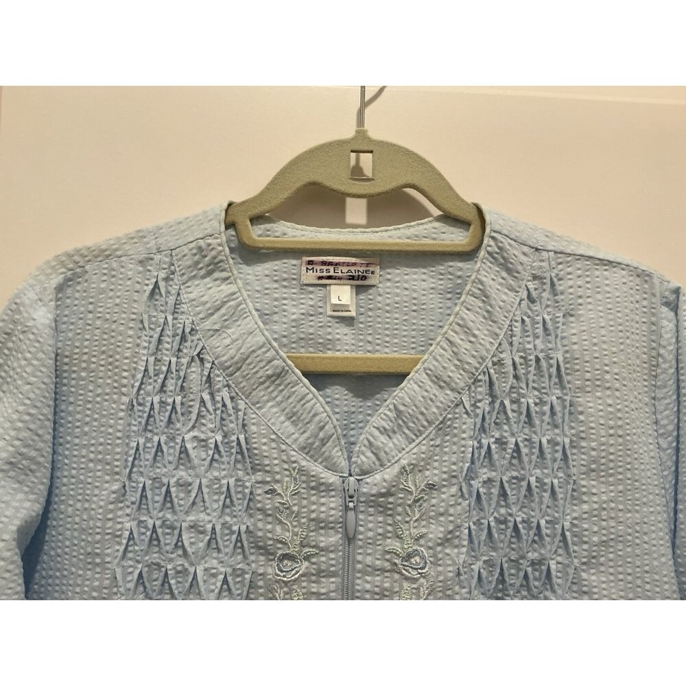 Miss Elaine Robe Large Seersucker Long Zip Up Pockets Light Blue - Picture 2 of 9